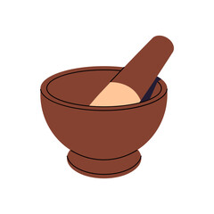 Wooden, porcelain or pottery mortar and pestle. Traditional grinder. Dish, bowl for cooking spices. Kitchen tool, cookware. Pharmacy utensil. Flat isolated vector illustration on white background