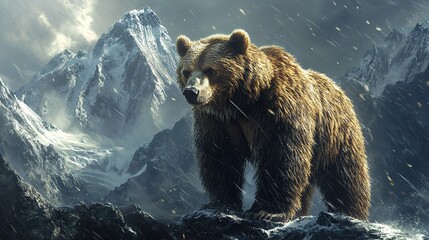 Obraz premium A unique scene of a bear in the rain on Mount Everest, showcasing a rare juxtaposition of wildlife and extreme weather conditions in one of the world's highest and harshest environments