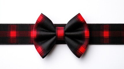 Festive red and black tartan ribbon bow on a white backdrop perfect for Christmas and New Year decorations