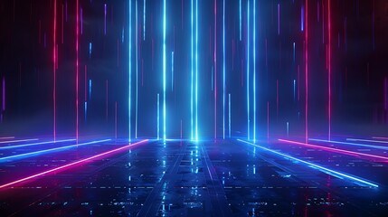 A vivid abstraction of neon lights and reflections, creating a mesmerizing digital landscape that beckons creativity and innovation. Stage for product presentation.