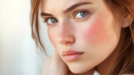 Obraz premium A close-up of a woman's face exhibiting symptoms of rosacea, highlighting the redness and visible blood vessels associated with this skin condition