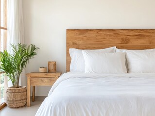 Fototapeta premium Cozy Minimalist Bedroom with Wooden Headboard and Houseplant.