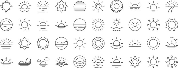 Sun Line Icon Pack. Editable Stroke. Minimalistic Linear Pictogram for Design of Cards, Apps, Banners, Posts