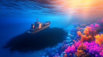 Ship Floating Above Coral Reef at Sunset with Stunning Colors and Ocean Depths