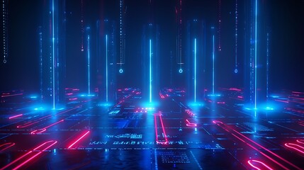 Obraz premium Abstract futuristic landscape with glowing neon towers and vibrant lines, creating a digital and technology-inspired ambiance. Stage for product presentation.