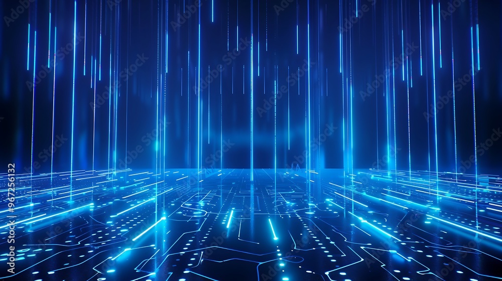Poster dynamic blue digital background with vertical lines and circuit patterns, perfect for technology and