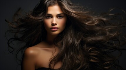 Obraz premium Vogue style close up portrait of beautiful woman with long curly blond hair on black background. Neural network ai generated art