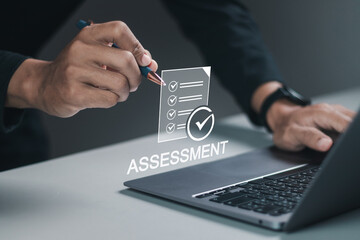 Assessment analysis concept, evaluation measurement technology. Businessman using laptop to assessment business performance, data analysis, strategic planning