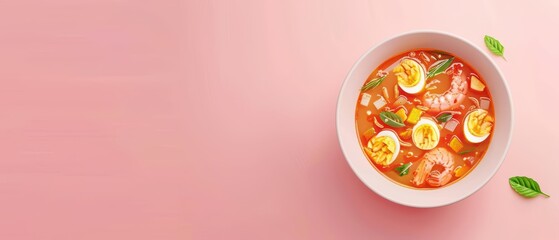 Delicious bowl of vibrant soup featuring eggs, shrimp, and fresh herbs on a pink background, perfect for culinary imagery.