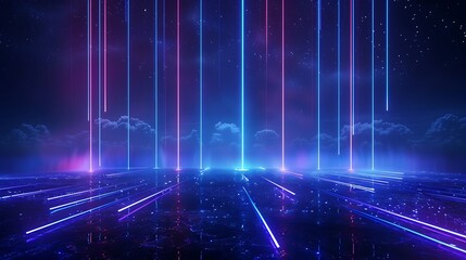 Futuristic abstract digital landscape with neon lights and colorful beams illuminating a dark sky, perfect for technology themes. Stage for product presentation.