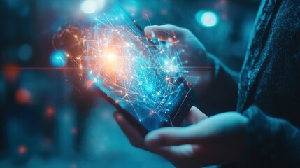 Person Holding a Smartphone with a Digital Network Displayed Above It