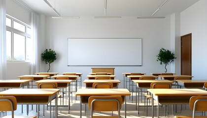 Bright and spacious modern classroom featuring neatly arranged desks and a clear whiteboard at the front