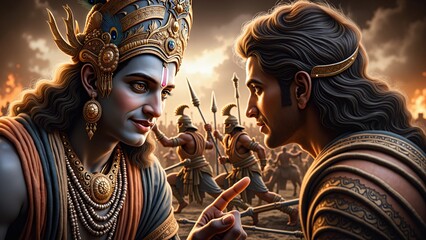 Krishna counsels Arjuna on Kurukshetra battlefield amidst epic war preparations