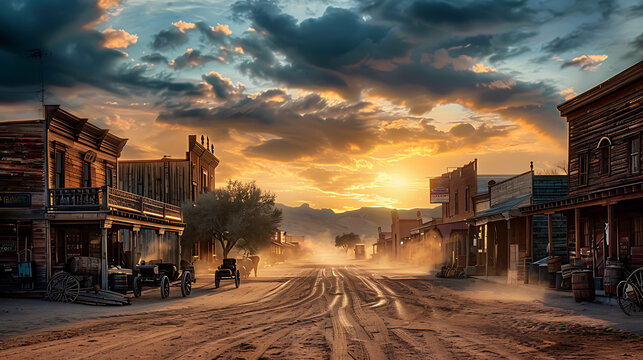 A small old west town where historic wooden buildings line a dusty street under a serene sunset sky.
