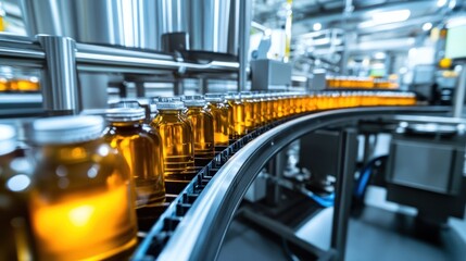 Bottles Moving on a Conveyor Belt in a Factory