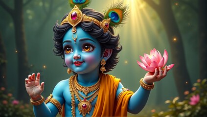 Young Lord Krishna with Lotus Flower in Enchanted Forest