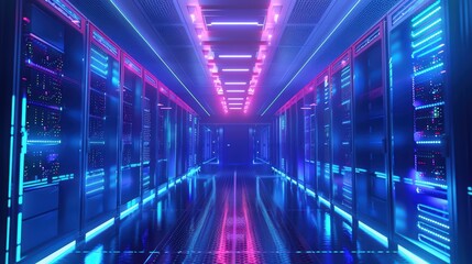 Fototapeta premium Futuristic data center with glowing neon lights illuminating server racks in a highly technological environment.