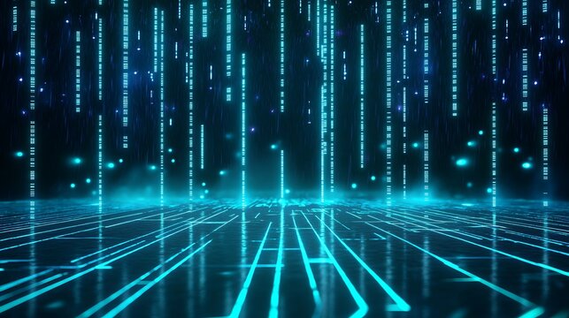 Futuristic digital background featuring glowing lines and binary code, perfect for technology-themed projects and designs. Stage for product presentation.