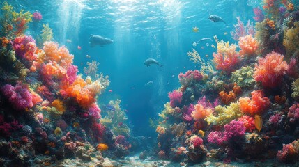 Vibrant underwater scene with colorful coral reefs and fish.