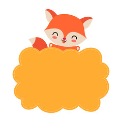 Fall sign with cute kawaii fox character and text bubble copy space. Autumn card element flat design cartoon fox holding cloud frame for text. Vector animal character children friendly illustration.