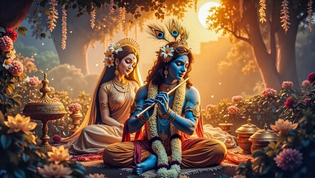 Divine Krishna and Radha in Moonlit Garden