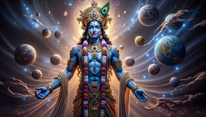 Cosmic Lord Krishna: Divine Deity Amidst Celestial Universe and Planets