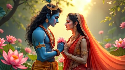 Divine Love of Krishna and Radha Amidst Lotus Garden
