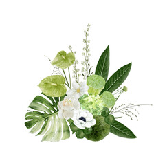 Tropical Greenery Floral Bouquet with Green Anthurium Flower, Lotus Fruits, Rose and Monstera Leaf Isolated on white background