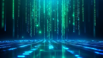 Futuristic digital background with glowing matrix lines and vibrant colors, perfect for technology and sci-fi themes. Stage for product presentation.