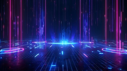 Futuristic digital background with neon lights and a glowing grid, perfect for technology and sci-fi themes. Stage for product presentation.