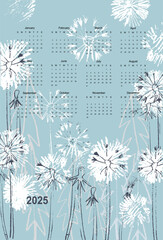 2025 calendar template with hand drawn apples, fruits, vegetables, plants and flowers
