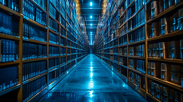 Centralized document management system with rows of digital archives for efficient storage, retrieval and distribution in a high-tech data center. HD image