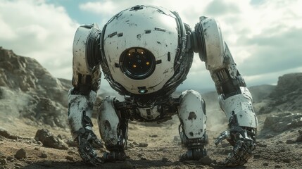 Metallic Robot Discovery Close-up Exploration in Vast Space