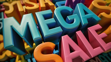 Vibrant 3D text showcasing a mega sale, perfect for promotional materials and marketing campaigns.