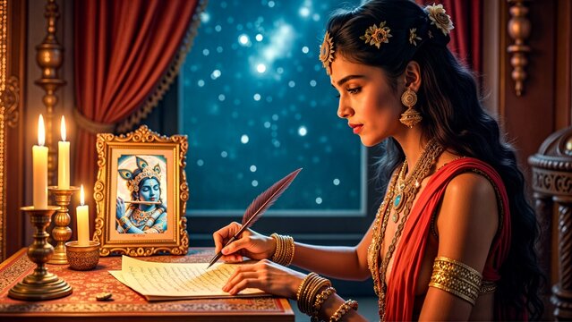 Rukmini writing love letter by candlelight with Krishna painting in ornate setting