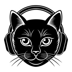 Cute cat head with headphone black silhouette vector illustration
