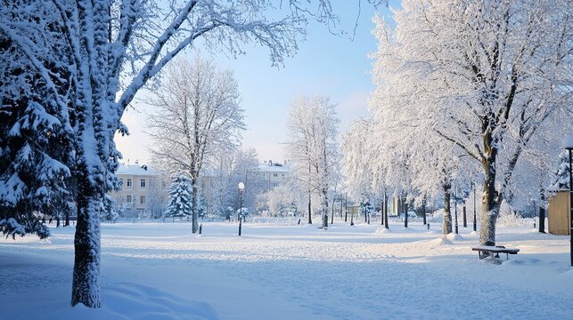 A charming snow-covered forest nestled in a small town square, creating a picturesque winter scene. 