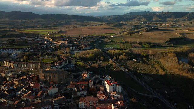 Aerial view of Haro town at sunset in La Rioja, Spain. High quality 4k footage