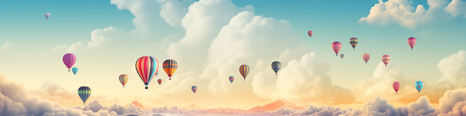 Naklejka premium panorama of multicolored balloons in the sky above the clouds, long narrow panoramic view, background, space, freedom and happiness