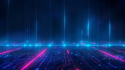 Futuristic digital landscape featuring neon lights and circuit patterns, perfect for technology and energy themes. Stage for product presentation.