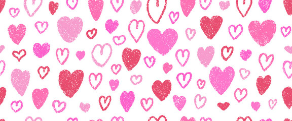 Crayon drawn hearts seamless pattern, chalk drawn sketches in red and pink colored. Scribble doodle background, wallpaper