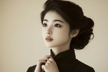 A Japanese woman adjusting the collar of her coat with both hands, her posture radiating confidence and ease.