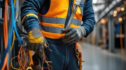An electrician in safety gear is working with colorful wires in a modern industrial setting, showcasing professionalism and skill.
