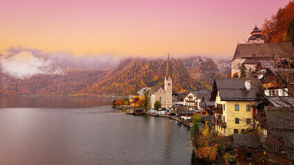 The Landmark of  sunset view in autumn scene at  Hallstatt, Austria. Mountain village in the Austrian Alps