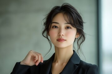 A Japanese woman adjusting the sleeve of her jacket with her right hand, her expression serene and focused.