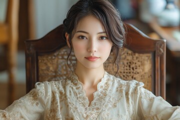 Fototapeta premium A Japanese woman sitting on a wooden chair, her arms resting casually on the armrests, her posture relaxed but poised.