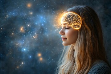 Glowing brain thought waves glowing neural cerebral processing and cerebral processing woman with glowing brain visualization representing cognitive clarity and brain energy
