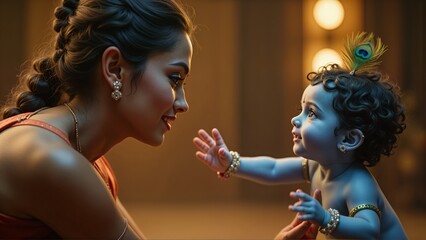 Loving Mother and Divine Child: Yashoda and Baby Krishna in Golden Light