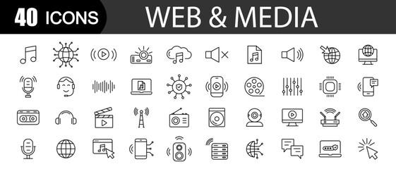 Web and Media icons in line style.    For website marketing design. Editable stroke icons. Vector illustration.