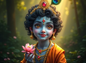 Young Krishna with lotus flower in enchanted forest, divine portrait